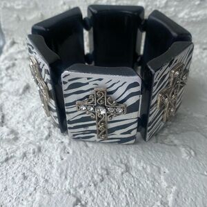 Zebra Print Stretch Bracelet with Rhinestone Cross Accents
